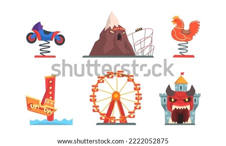 Amusement Park Attraction with Thrill Rides and Carousel for Entertainment Vector Set Royalty-Free Stock Photo #2222052875