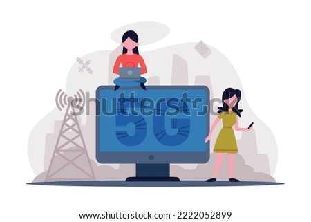5G network wireless technology. Small people characters using high speed internet for working, online gaming and communication cartoon vector illustration
