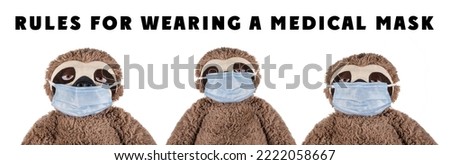 Rules on how to correctly (wrongly) wear a mask on a soft toy. Medical mask on a soft toy sloth. sloth isolated on white background