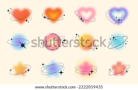 Y2k style blurred gradient shapes with linear forms and sparkles, blurry flower or heart aura aesthetic elements. Modern minimalist design element with blur gradients for logo vector template set