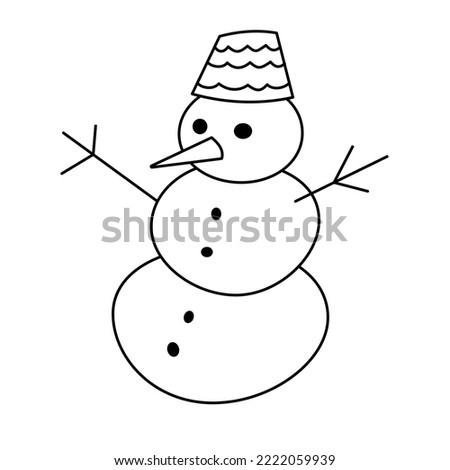 Snowman doodle drawing contour line art black and white outline isolated vector illustration on white. Snow cold weather icon or logo design element. Winter holidays season clip art single object. 