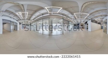 full seamless spherical hdri 360 panorama in interior of empty white room with repair for office or store with panoramic windows in equirectangular projection Royalty-Free Stock Photo #2222061415