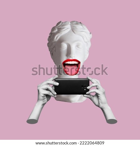 Young woman headed by antique statue with mouth with red lips showing tongue holds mobile phone isolated on a pink background. 3d trendy collage in magazine style. Contemporary art. Modern design