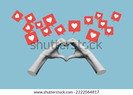 Human female hands showing a heart shape and like symbols from social networks isolated on blue color background. 3d trendy collage in magazine style. Contemporary art. Modern design