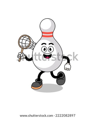 Cartoon of bowling pin catching a butterfly , character design