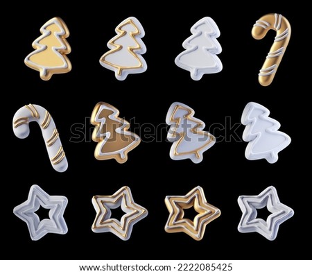 3d render, white and gold Christmas ornaments, set of festive clip art elements isolated on black background. Gingerbread cookies