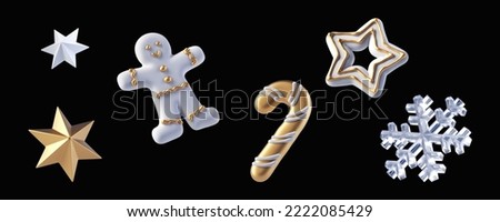 3d render, white and gold Christmas ornaments, set of festive clip art elements isolated on black background. Gingerbread cookies in the shapes of man, candy cane and star