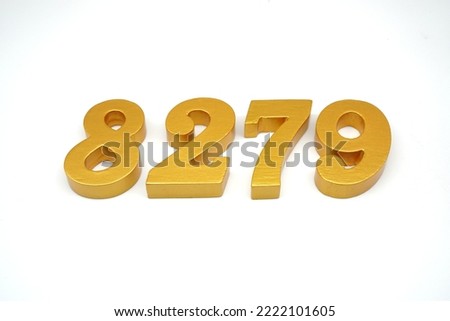    Number 8279 is made of gold-painted teak, 1 centimeter thick, placed on a white background to visualize it in 3D.                                   
