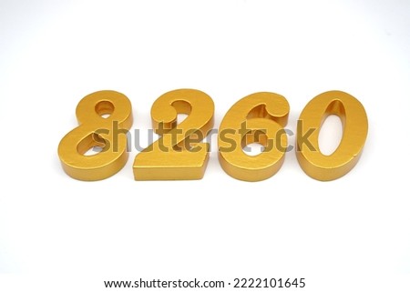  Number 8260 is made of gold-painted teak, 1 centimeter thick, placed on a white background to visualize it in 3D.                                  
