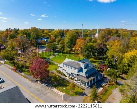 Lexington town center aerial view in fall including Visitor Center, Lexington Common and First Parish Church, town of Lexington, Massachusetts MA, USA.  Royalty-Free Stock Photo #2222115611