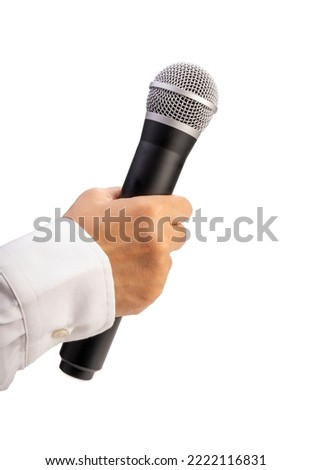 Close up Reporter Hand, Hand Holding Microphone for speech or interview isolated on white background With clipping path.