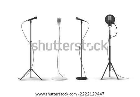 Microphones with stands set realistic vector illustration. Mic different shapes on counters for loud speaking concert singing music performance on stage radio song voice speech professional recording