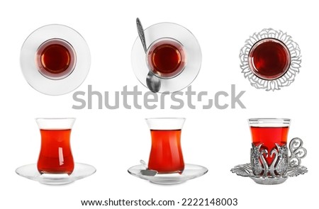 Set with glasses of traditional Turkish tea on white background. Banner design. Banner design