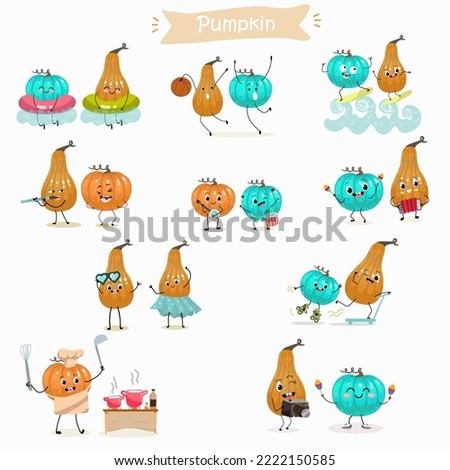 Vector illustration of funny cartoon character pupmpkins, involved in sport,  playing musical instruments, traveling by transport, healthy food, kitchen, ingredients, kids t-shirt design.