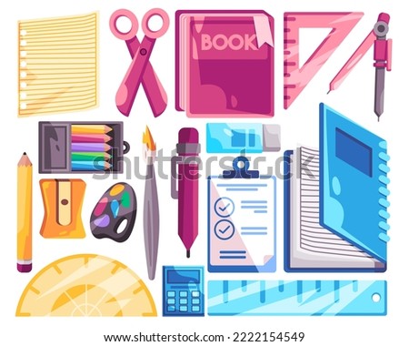 art and creative study school object set collection in vector illustration of color pencil palette book ruler