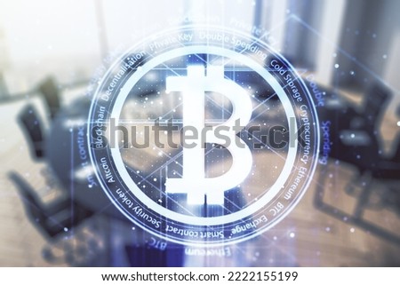 Virtual Bitcoin sketch on a modern coworking room background. Double exposure