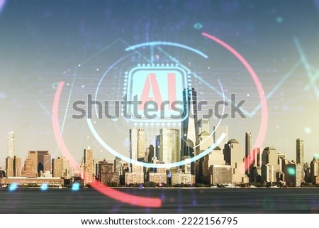 Double exposure of creative artificial Intelligence abbreviation hologram on Manhattan office buildings background. Future technology and AI concept
