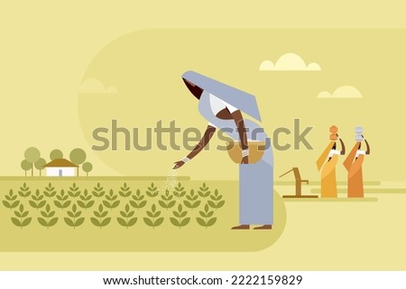 Illustration of a woman throwing fertile to the crops in the agricultural field Royalty-Free Stock Photo #2222159829