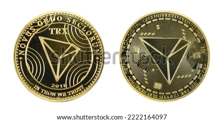 Face and back side of the crypto currency golden tron isolated on white background. High resolution photo. Full depth of field.