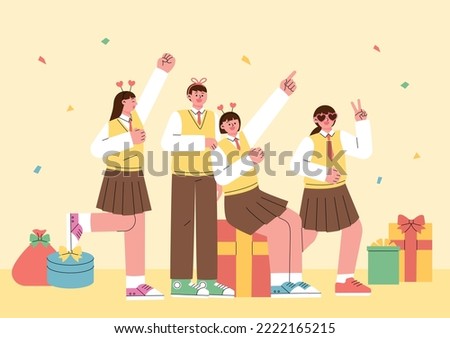 Students in school uniforms are partying around a lot of gift boxes. flat vector illustration.