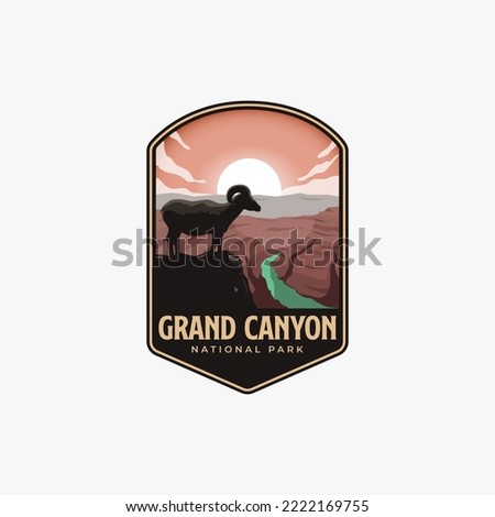 Grand Canyon National Park Logo Patch emblem design vector, Bighorn Sheep on the canyon peak emblem design Royalty-Free Stock Photo #2222169755