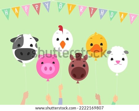 Illustration of Kids Hands Holding Farm Animals Head Shape Balloons with Happy Birthday Bunting Banner