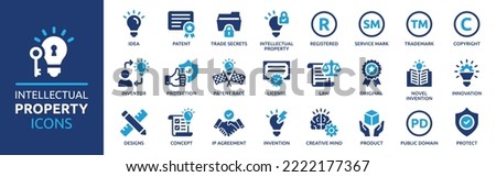 Intellectual property icon set. Containing copyright, trademark, registered, service mark, business idea, patent symbols and more. Business concept icon collection. Vector illustration. Royalty-Free Stock Photo #2222177367