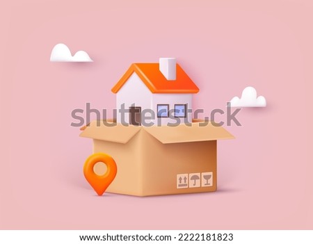Moving and relocation concept. House in box. 3D Web Vector Illustrations.