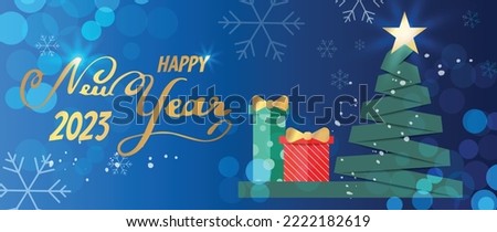Merry christmas and happy new year concept background vector. Decorative elements of christmas tree, presents, baubles, snowman, reindeer. Design for banner, invitation, card, greeting, cover, poster.