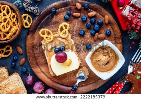 Fun food for kids - cute smiling Christmas reindeer sandwich with peanut butter and fresh fruit and berries for healthy nutritious breakfast, lunch or snack. Overhead view