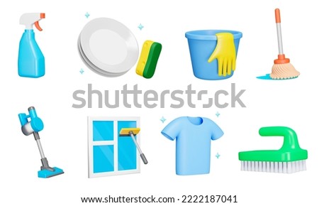 Cleaning 3d icon set. Housekeeping. Service wet and dry house cleaning. Spray cleaner, dishwashing, floor mop, window cleaning, laundry clothes. Isolated icons, objects on a transparent background Royalty-Free Stock Photo #2222187041