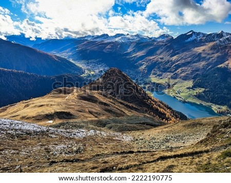 view of the seehorn with the beautiful lake davos. Autumn hike in the canton of Graubunden, Switzerland. High quality photo