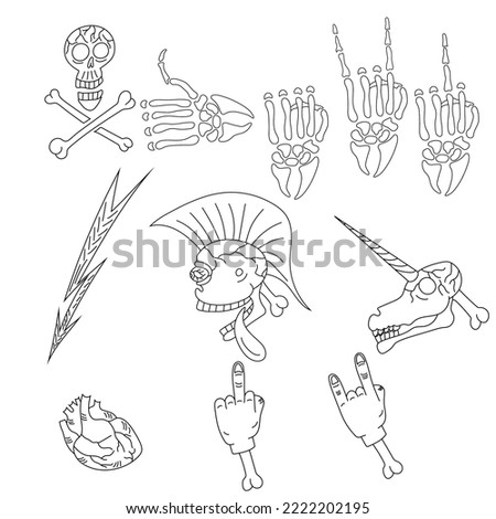set of punk music skeleton, drawing, vector illustration
