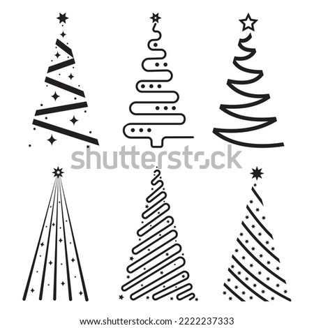 A set of illustrations of an abstract Christmas tree doodle hand-drawn vector sketch lines