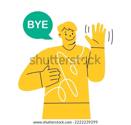 Happy man waves his hands in farewell. Colorful vector illustration

