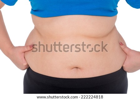 Close-up of fat woman belly, isolated on white. Concept for obesity issue