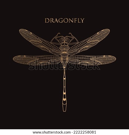 vector drawing golden dragonfly on a black background