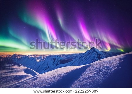 Northern Lights over snowy mountains. Aurora borealis with starry in the night sky. Fantastic Winter Epic Magical Landscape of snowy Mountains.   Royalty-Free Stock Photo #2222259389