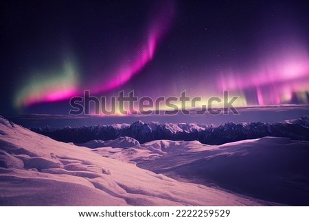 Northern Lights over snowy mountains. Aurora borealis with starry in the night sky. Fantastic Winter Epic Magical Landscape of snowy Mountains.   Royalty-Free Stock Photo #2222259529