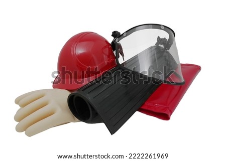 Electrical protection means. Hard hat, visor, rubber gloves and boots, dielectric mat isolated on white Royalty-Free Stock Photo #2222261969