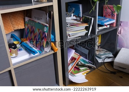 Messy, cluttered teenage girl's room. Shelves with books and a mess. Royalty-Free Stock Photo #2222263919