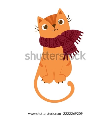 Сat in the scarf. Cute kitten character. Mascot of goods for pets, сat clothes. Knitwear for cats. Winter postcard. Vector illustration.