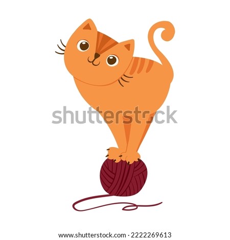 Cat playing with yarn ball. Cute playful kitten character. Cozy postcard. Mascot of Goods for pets. Vector illustration