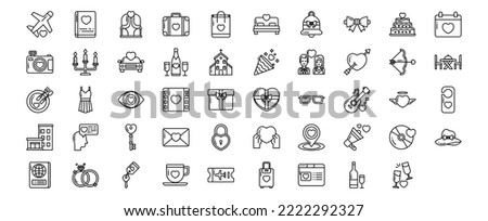 
Collection of icons related to Honeymoon and romance, including icons like Airplane, Photo album, Bag, Cake and more. vector illustrations, Pixel Perfect set
