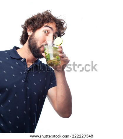 young crazy man drinking a mojito