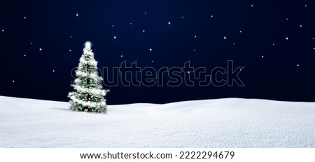 Christmas tree in snowy landscape at night