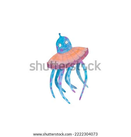 Blue watercolor octopus. Sea poulp in a tutu, an illustration of a devil fish with tentacles, isolated on a white background. For interior design and your fashion design