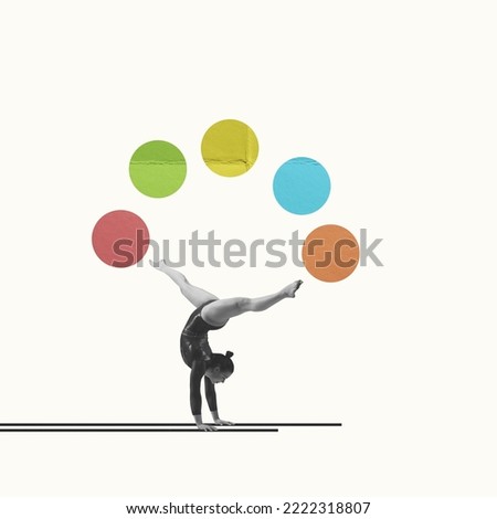 Creative artwork in retro style. Young girl, female rhytmic gymnast training, standing on hands over light background. Concept of sport, motion, action, creativity, pastel colors, motivation. Ad, text