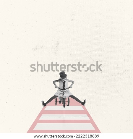 Road to the future. Contemporary art collage. Little retro boy, girl on bike having fun isolated on minimal background. Concept of funny children, sport, creativity, design, childhood. Copy space, ad