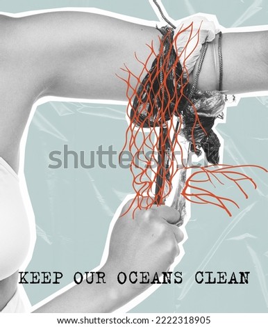 World oceans day, World Environment Day, Earth day, World Maritime Day concept. Human suffocating garbage. Art collage, design with woman in plastic pollution. Keep the oceans clean. Save marine life.